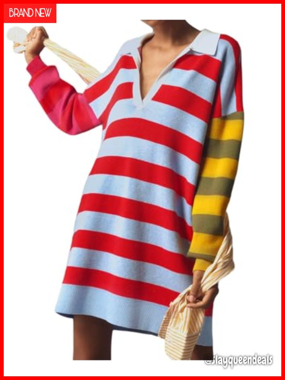 Womens Striped Polo Sweater Dress V Neck Oversized Pullover Ribbed Knit Mini